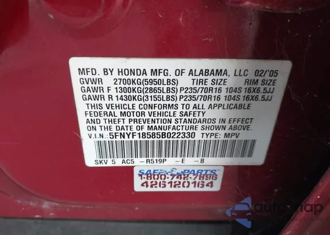 2005 Honda Pilot Ex-L from USA, damaged, VIN 5FNYF18585B022330